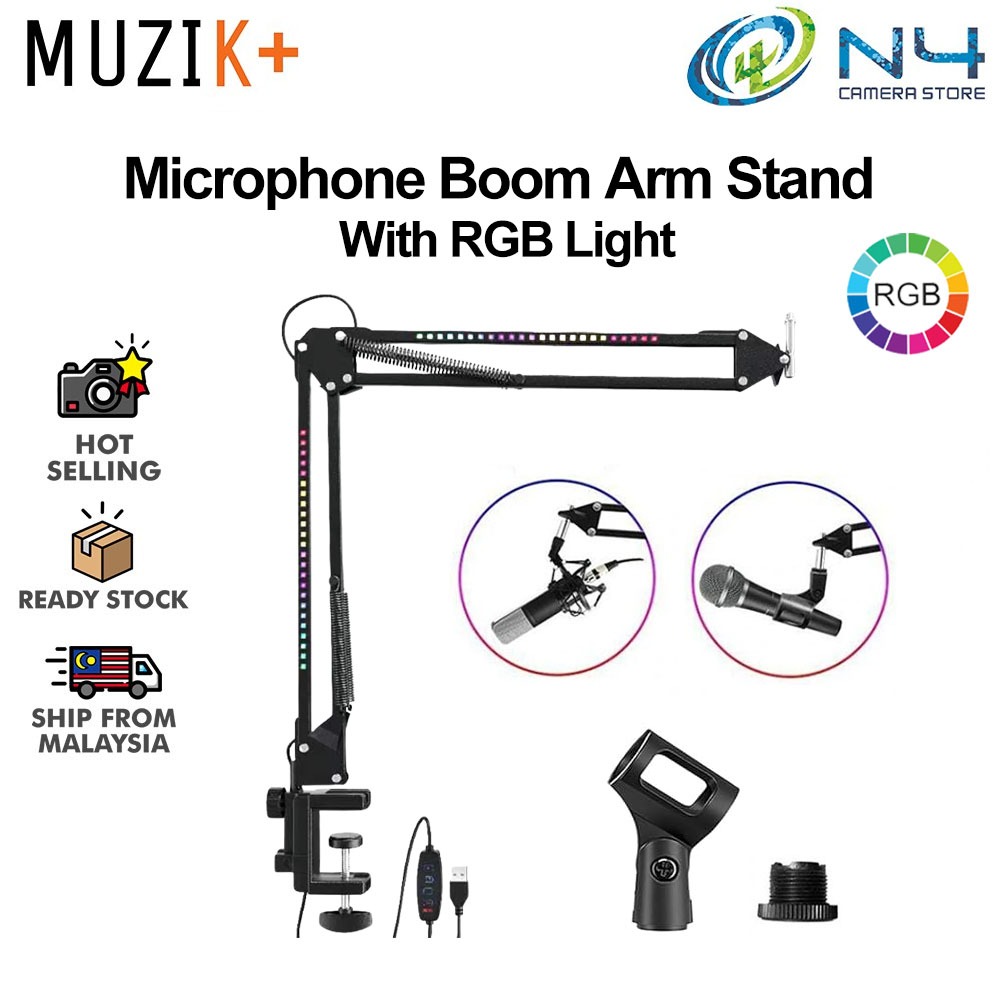 MUZIK+ Pro Desktop RGB Microphone Stand RGB Boom Arm Stand Microphone Holder Arm Desk Mount Micorphone Boom Arm Stand