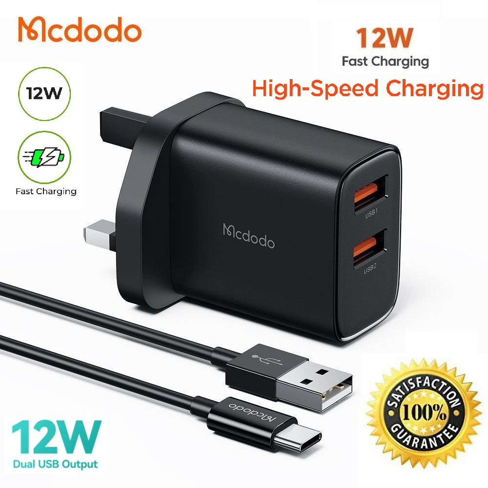 【12 Month Warranty】Mcdodo Fast Charger Dual USB Quick Charge Fast Charging Adapter With Micro Ip Type-C Cable