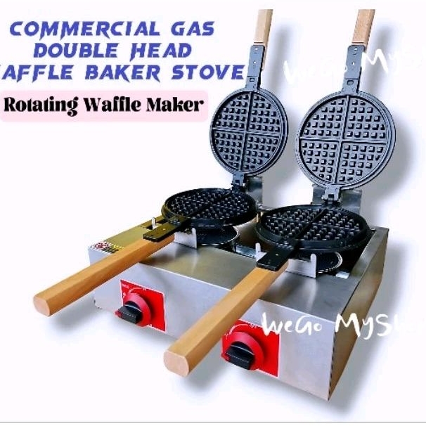 Ready Stock 🔥Gas🔥 Commercial Double Head Waffle Baker Stove Stainless Steel Waffle Machine Waffle Maker Roating Waffle