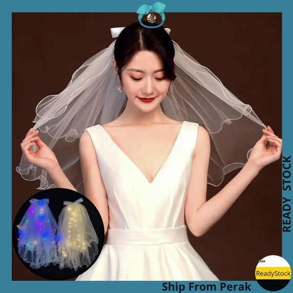 AIDA. LED Luminous Bridal Veil Hairpins Children girl Princess Bride Wedding Bowknot Ribbon Hairclip 发光蕾丝蝴蝶结珍珠头纱新娘婚纱头饰