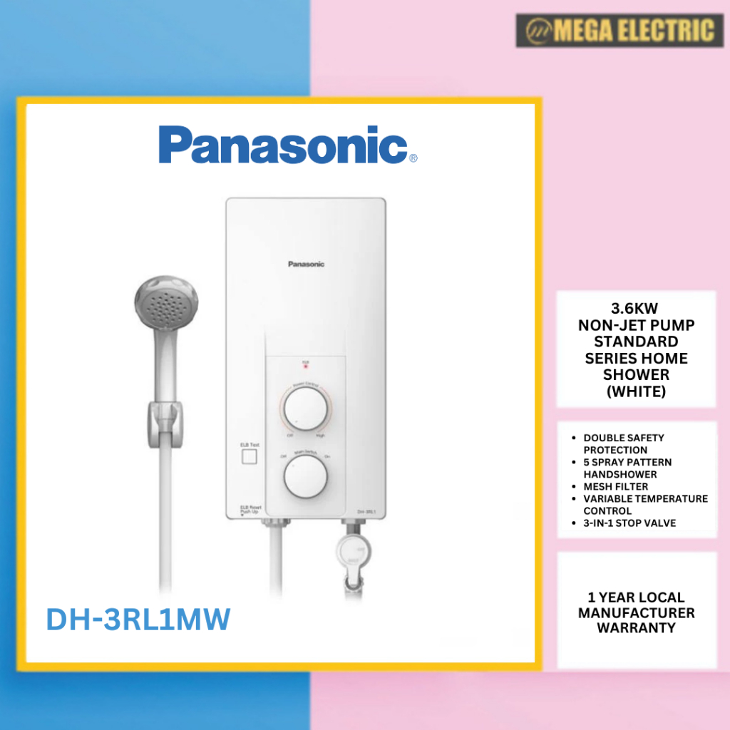 PANASONIC 3600W Water Heater Home Shower Non-Jet Pump Standard Series (White) | DH-3RL1MW