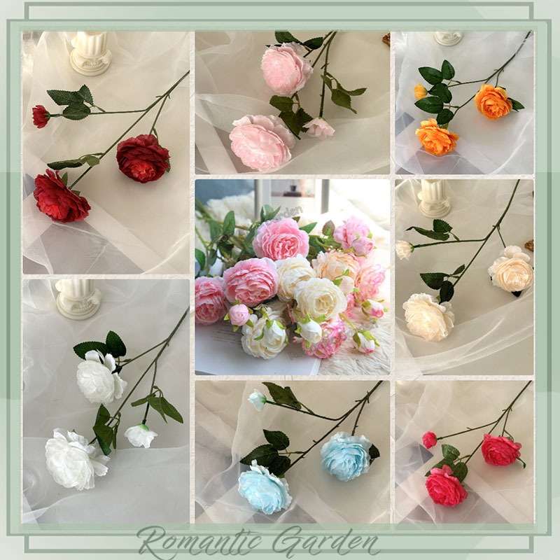 3 Heads Peony Bouquet Bunga Peony Artificial Silk Flower For Wedding Decor Bunga Kuntum Palsu