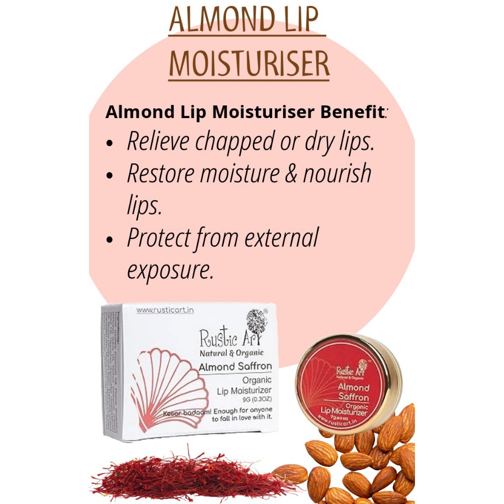 Rustic Art Organic Almond Saffron Lip Moisturizer | Nourished & Soft Lips | | Vegan Lip Balm | 9 Gm