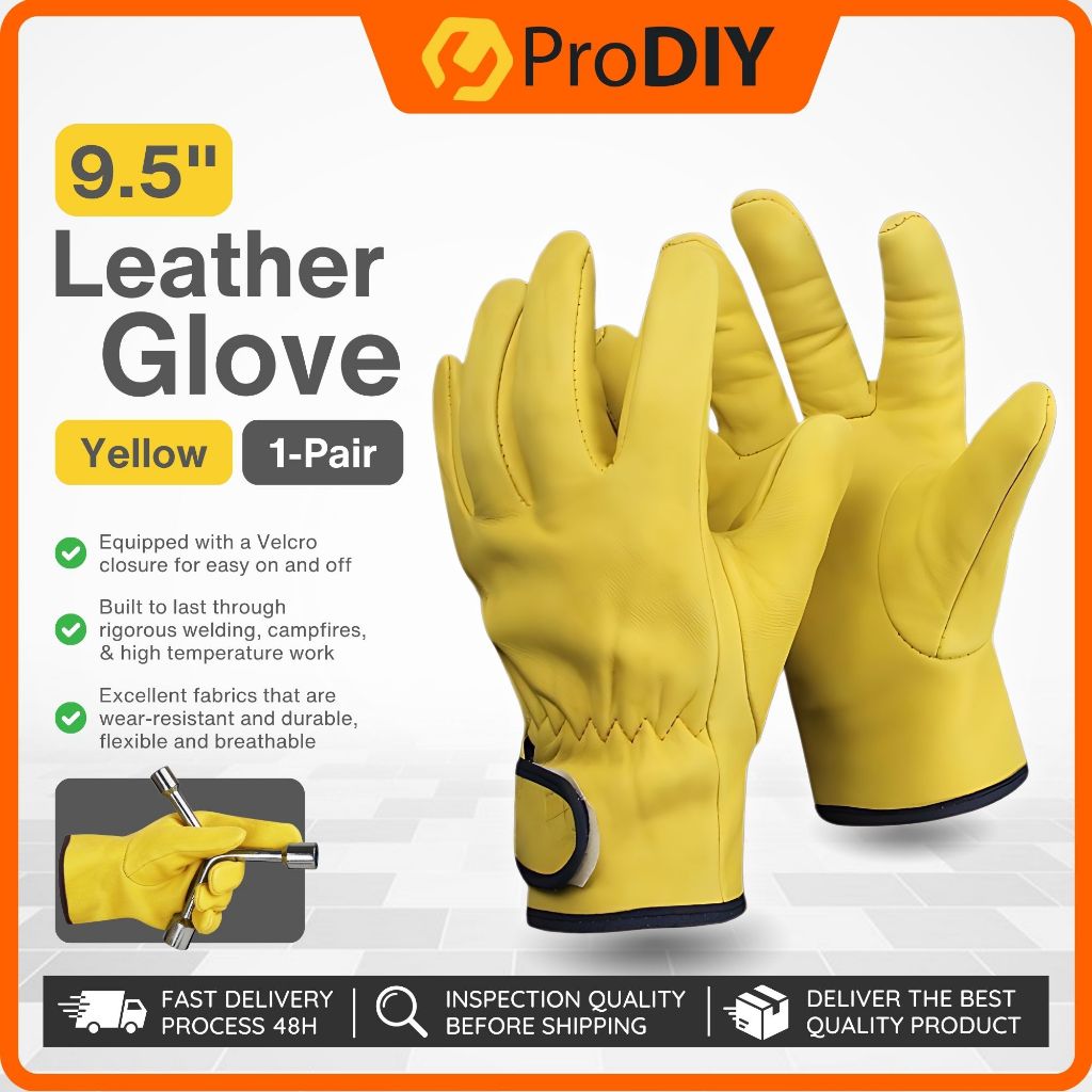 1 Pair 9.5 inch Yellow Leather Work Glove Soft Thick Sheepskin Flexible Fitted Velcro Strap Welding Glove Sarung Tangan