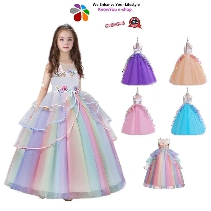 KL READY STOCK★ Colorful Rainbow Unicorn & floral Princess Long Dresses for Party, Wedding Pageant, Birt