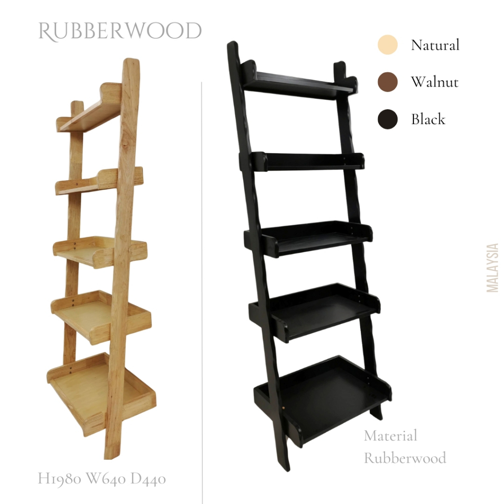 Modern Solid Rubberwood 5-Tier Leaning Ladder Wall Bookshelf Organizer Rack, Display Shelf, Rak Buku