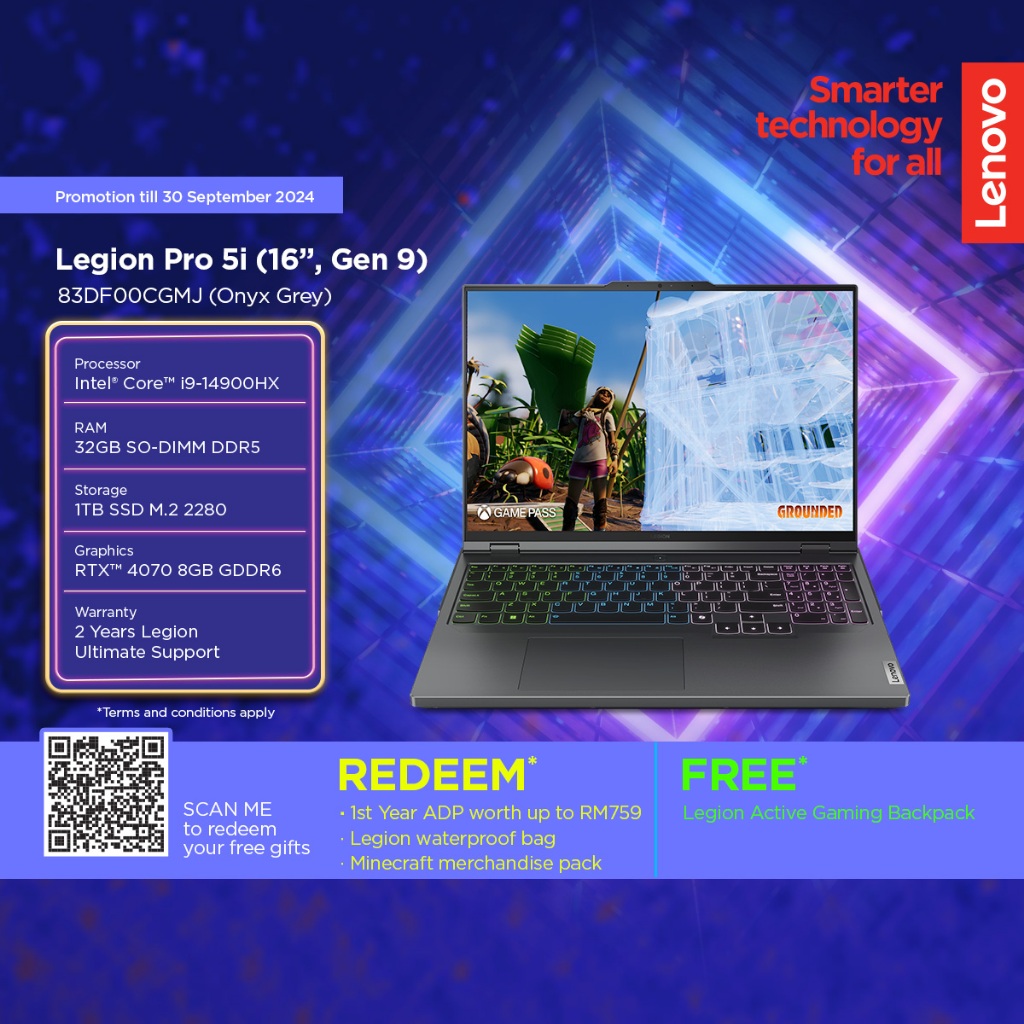 LENOVO LAPTOP LEGION PRO 5 AI GAMING (I9-14900HX/ 32GB/1TB/RTX 4070 8GB/16 WQXGA 240HZ G-SYNC/ LA1 AI CHIP/RGB/W11/BAG)