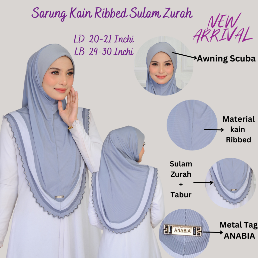 Sulam Zurah Tudung Sarung Kain Ribbed Printed Corak Awning Scuba Tabur Fashion Muslimah 045 Hijab