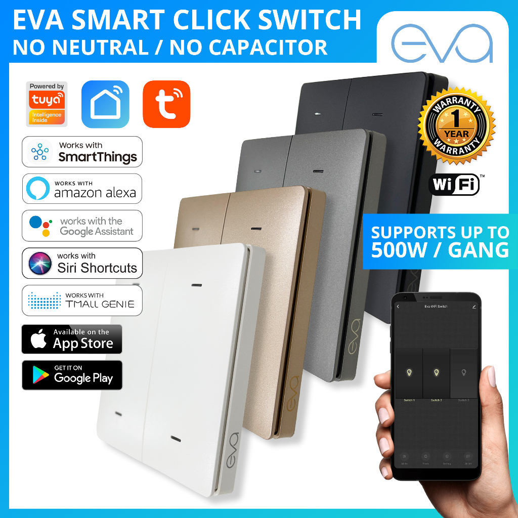 Eva WiFi Mechanical 1/2/3/4 Gang Click Switch, Max 500W, Works on Tuya Smart Life App [No Neutral]