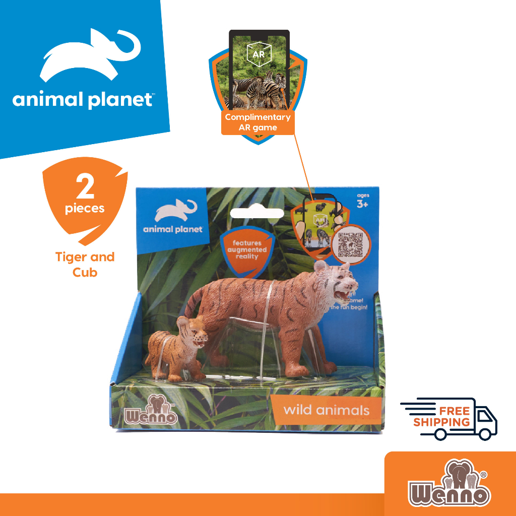 Wenno x Animal Planet 2pcs Tiger and Cub Figurines in open box set Wild Animal Toys for Kids Mainan Budak Lelaki