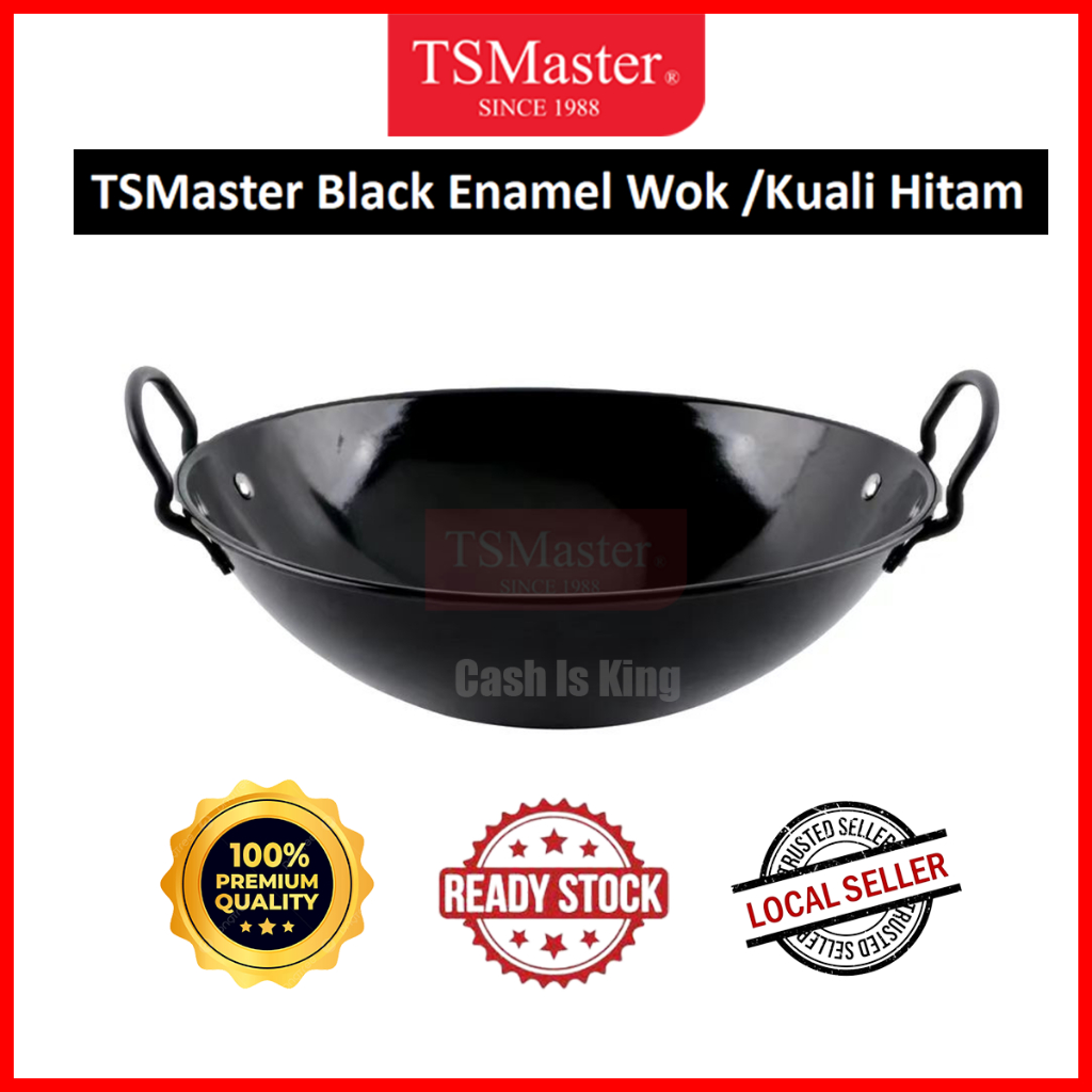 TSMaster Enamel Wok Double Handle Thick Kuali Besi Kuali Hitam Chinese Wok Cast Iron Wok Stir-Fry Wok Black Wok