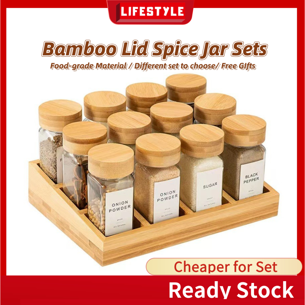 LIFESTYLE Bamboo Lid Glass Jar SetAirtight Spice Jar Storage Container Spice Bottles Balang kaca