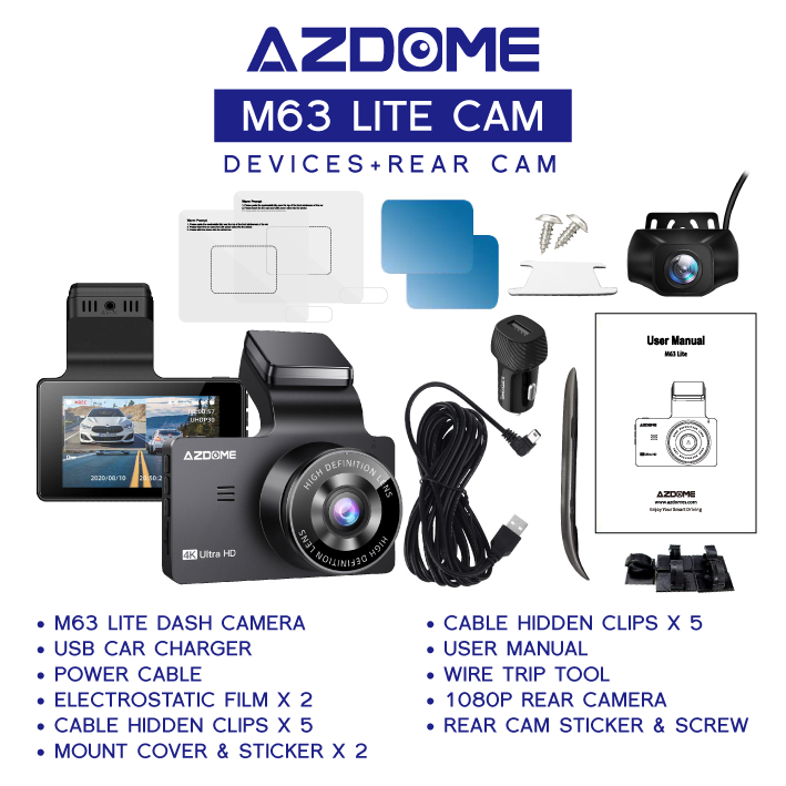 AZDOME M63 Lite 2160P/4K Ultra HD Dual Channel Front &amp; Rear DashCam Night Vision App Control Car Camera Driving Recorder