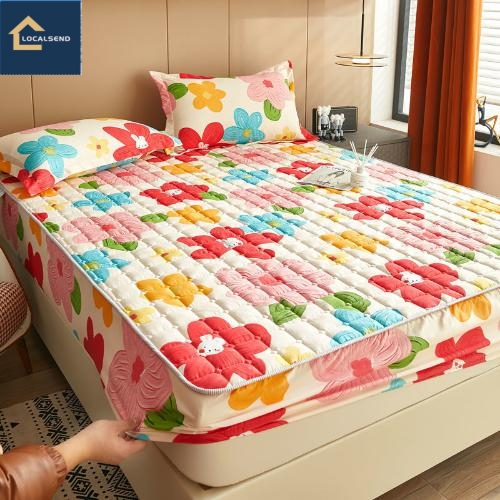 Cotton Fitted Sheet Flower Colored Fitted Sheet Bed Cover Mattress Cover Queen/King Size Non Slip Sheet Ready Stock