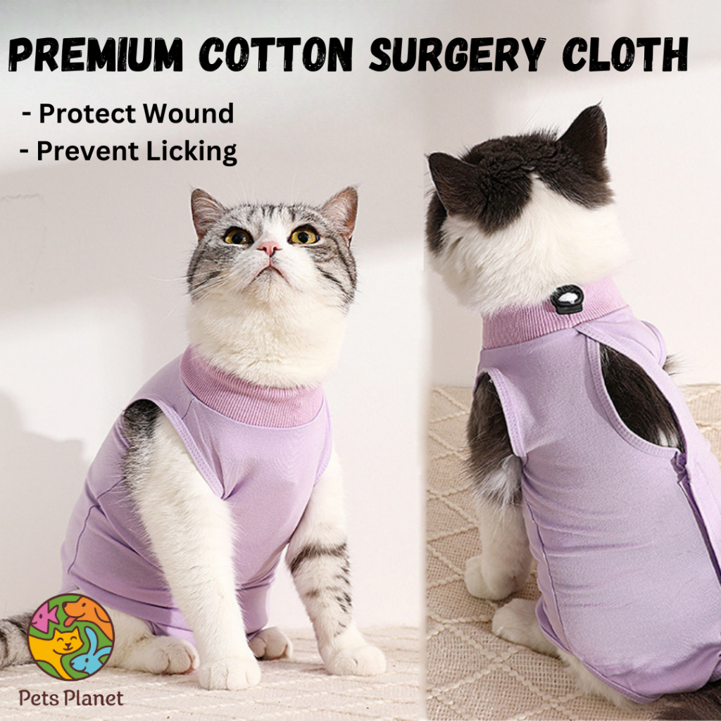 PREMIUM COTTON Pet Recovery Suit | Cat Clothes | Shirt Sterilization | Prevent Licking After Surgery | Baju Kucing