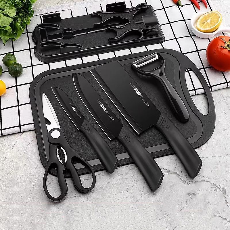 7 in 1 Black Steel Nonstick Kitchen Knife Set Dapur Pisau Gunting Stainless Steel Kitchen fruit Chef's Knife 刀具