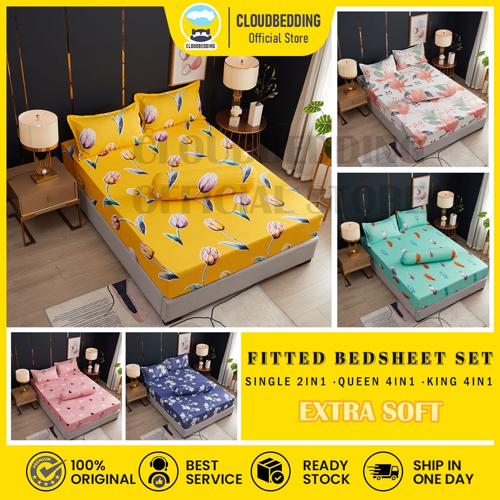 4in1 Queen King/ 2in1 Single Cotton Premium Cadar Bedsheet Set Sarung Tilam Cadar Getah Keliling Pillow Case Cadar Murah