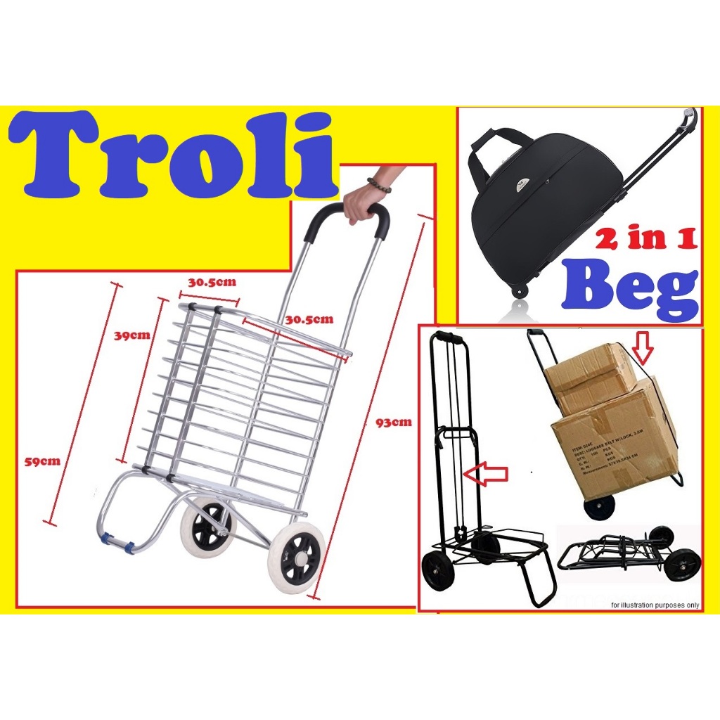 Troli Lipat Beg Bagasi Troli Pasar Bakul Trolley Aluminium Market Basket Shopping Cart Bag Baggage Luggage Hand Truck Ca