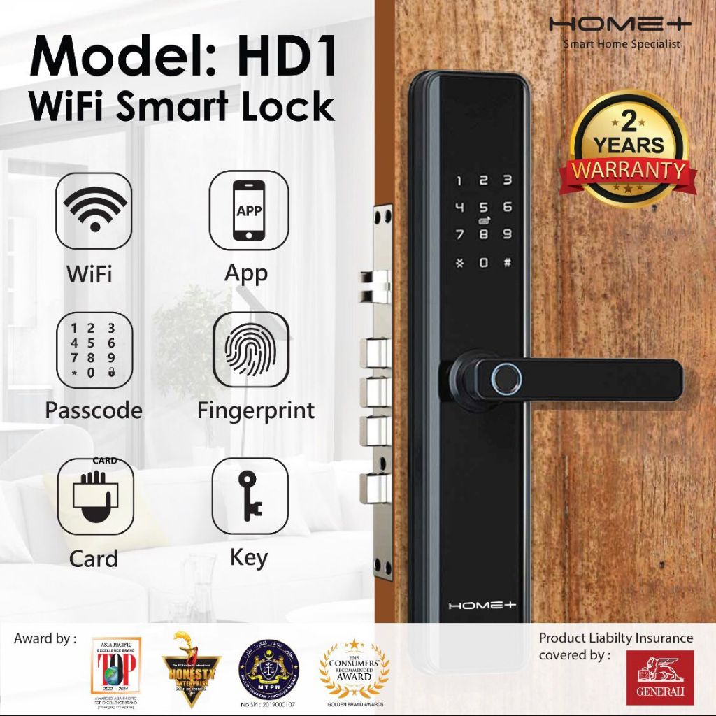 Home+ HD1 WiFi Smart Lock l 6 Methods to Unlock l Wooden Door lTuya App(Philips, Samsung,Keywe)