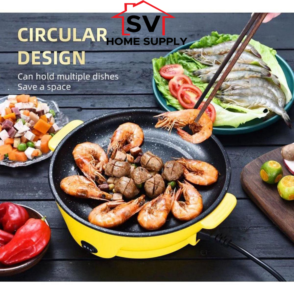 Non-Stick Electric BBQ Frying Pan Teppanyaki Grill Pan Smokeless Steamboat Hot Pot Elektrik Cooking Pot Kuali Elektrik