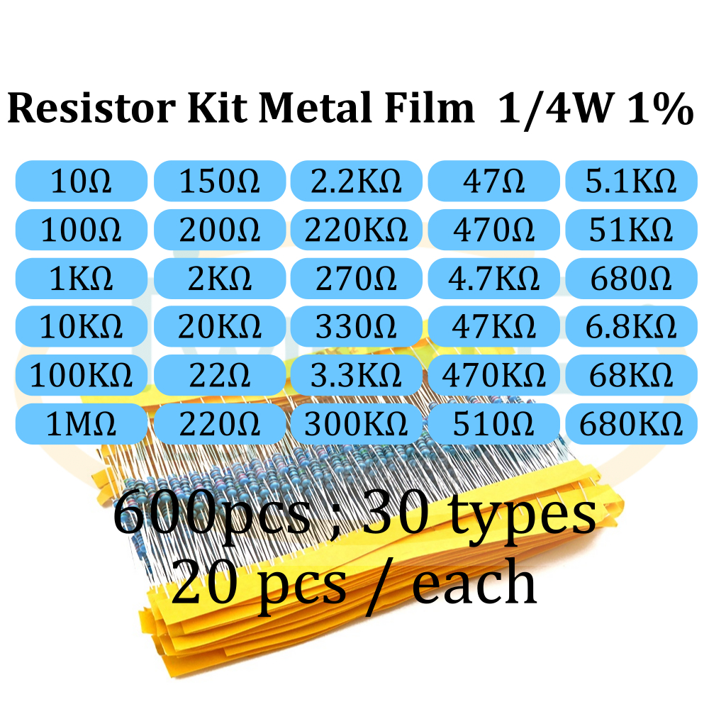 Resistor Kits 600pcs 1/4W 1% 30 types, 20pcs each 10R 1K 10K 1M Ohm Starter Kit Electronics Bundle Set Pack