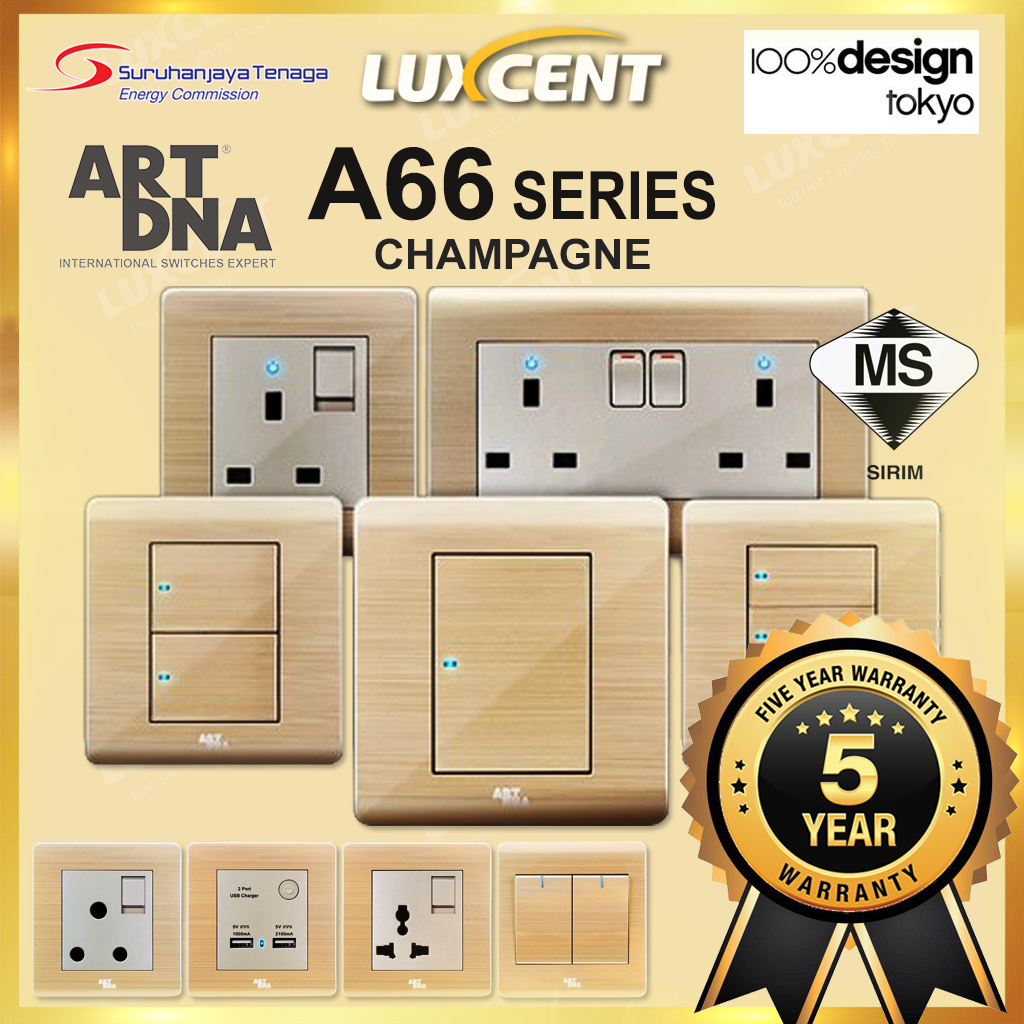 ART DNA A66 Emperor Series Wall Switch & Socket 20A 1/2/3/4 Gang 1/2 Way Doorbell Flat Pin Universal [Champagne]