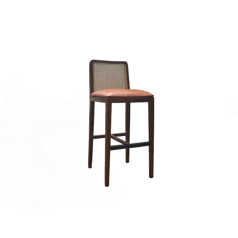 COMBINATION OF NATURAL RATTAN AND A SOLID WOOD FRAME ETHENS BAR CHAIR