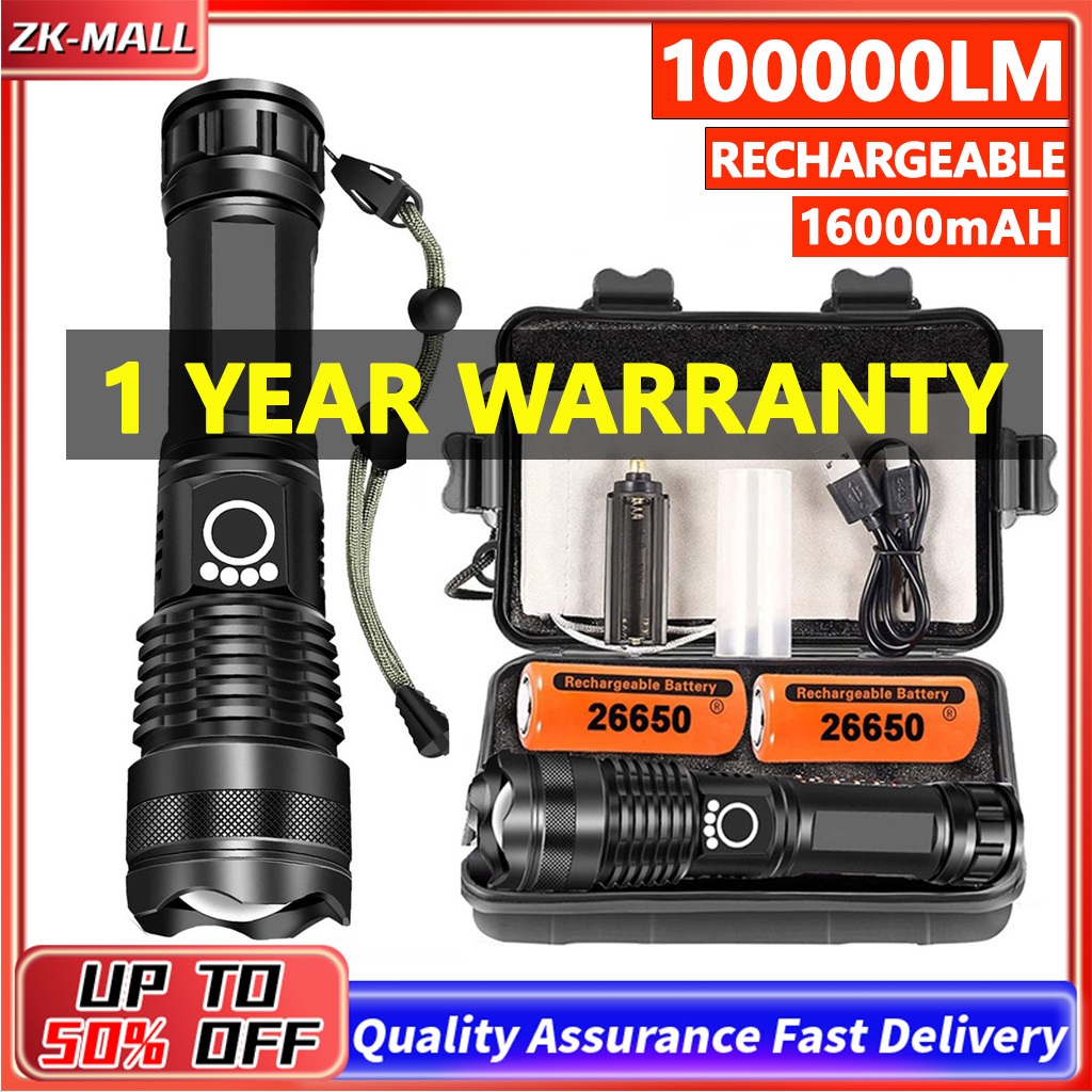 100000 lumens Lampu Suluh LED Torch Light Super Bright Powerful Flashlight Type-C Rechargeable Waterproof 防水 可充电 强光手电筒