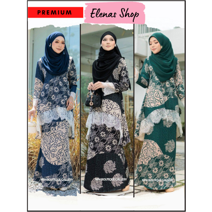 Baju Kurung by NFH Boutique Gallery ELENA Raya 2024 Dress Muslimah Batik Malaysia Black White Hitam Putih Hijau Biru