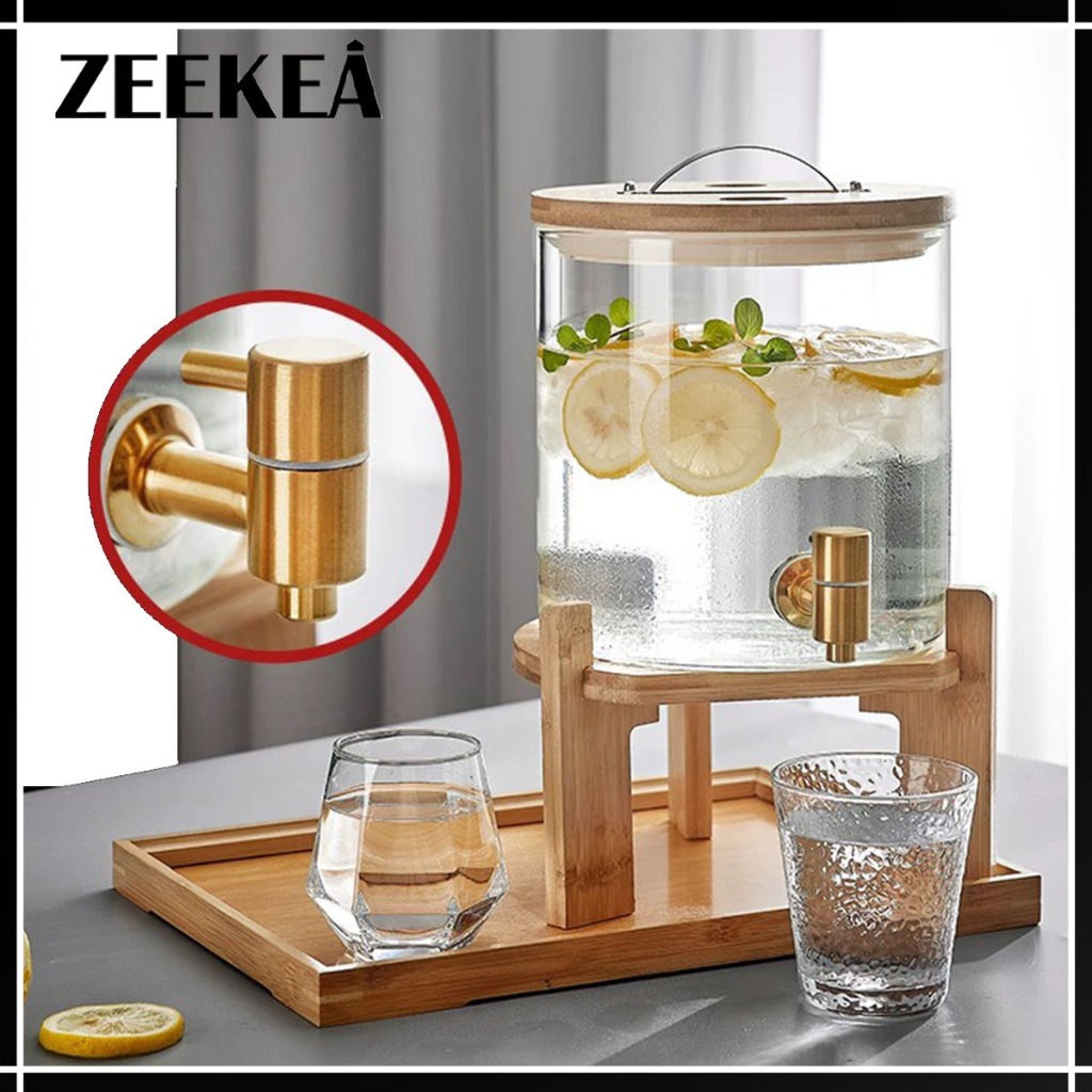 Zeekea Glass Beverage Dispenser with Gold Stainless Steel Spigot Wide Mouth Easy Filling Cold For Outdoor, Parties