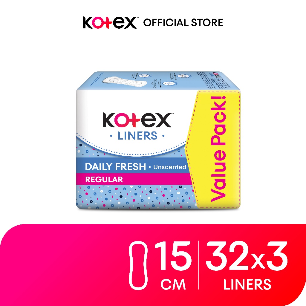 Kotex Regular Unscented Panty Liners 15cm (32s x 3 Packs) - Breathable, Comfortable & Rapid Absorption Liners