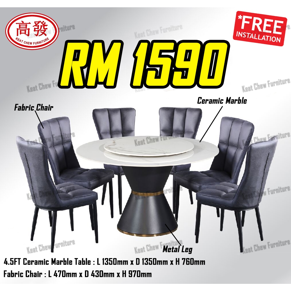4.5FT Ceramic Round Marble Table + 6x Fabric Chairs Round Marble Dining Table Meja Makan + 6 Kerusi Marble Table Set