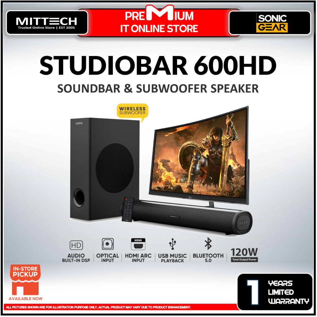 SonicGear StudioBar 600HD Bluetooth 5.0 TV Sound Bar Speaker | HDMI ARC | 120 Watts