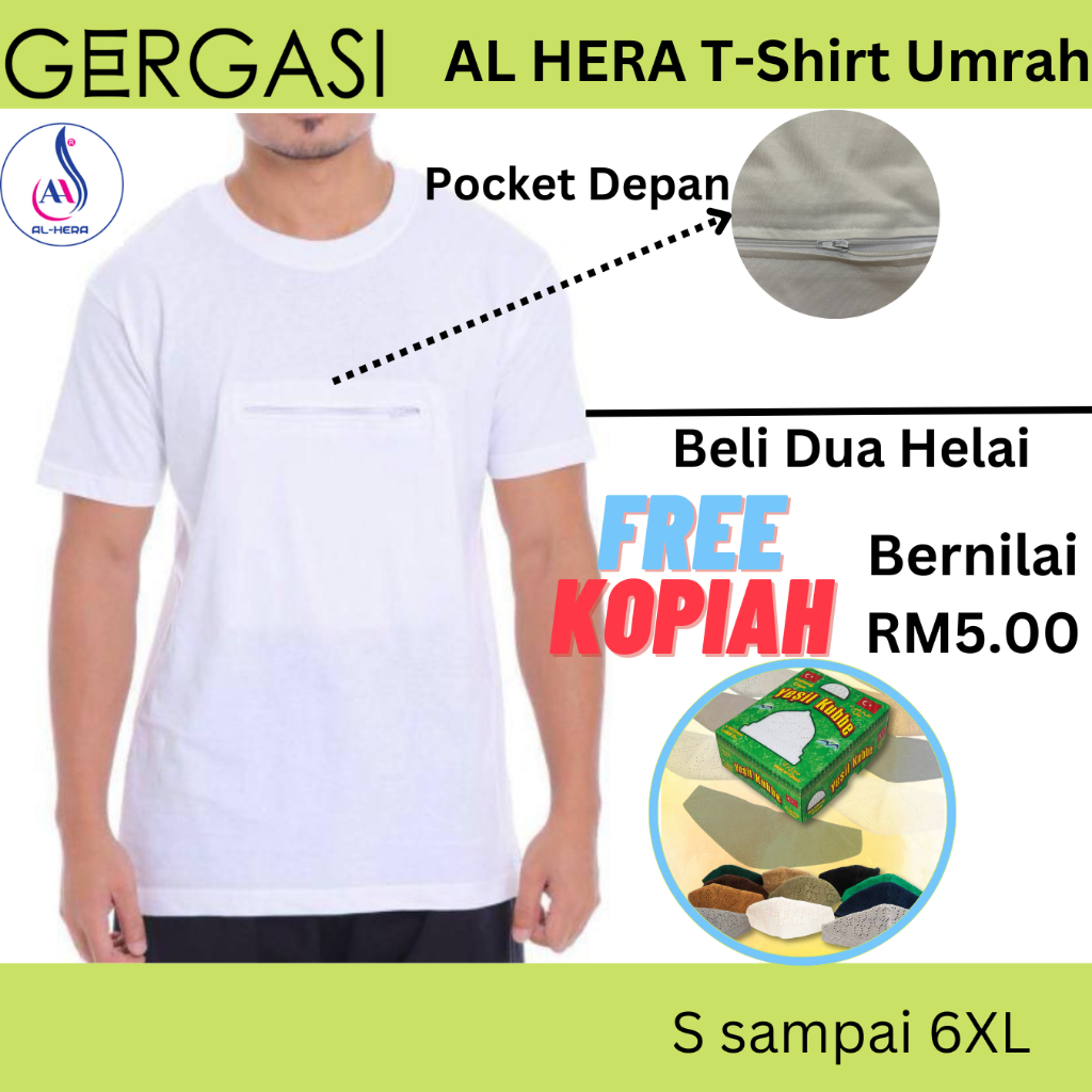 Gergasi T-Shirt Al Hera Baju Haji & Umrah Lelaki Berzip Baju Haji Putih Dan Hitam Baju Berzip