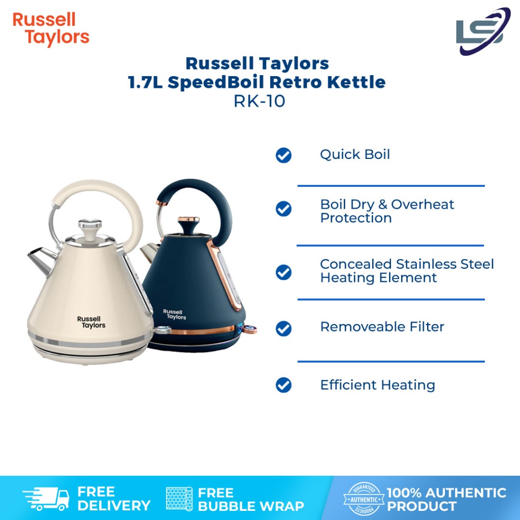 Russell Taylors 1.7L SpeedBoil Retro Kettle RK-10 | Concealed Stainless Steel Heating Element | Boil Dry