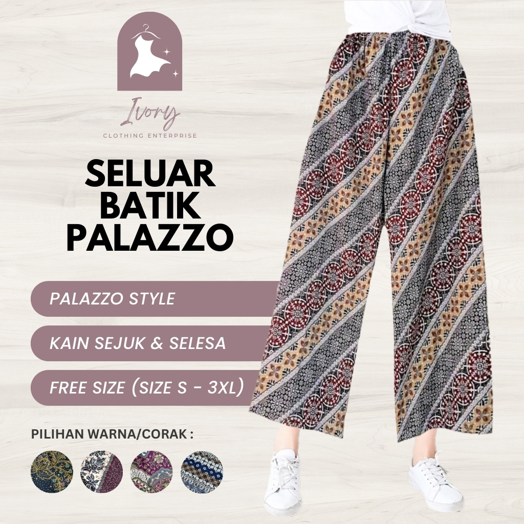 IVORY CLOTHING Flower Palazzo Long Pants / Seluar Batik Palazzo / Palazzo Besar Labuh Corak Batik / Seluar Plus Size