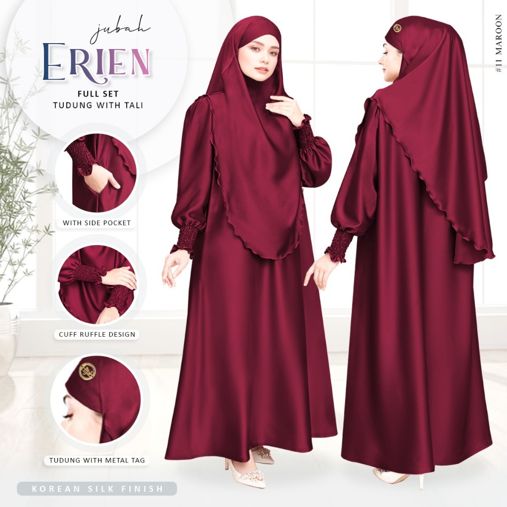 * Raya Arrival * Jubah ERIEN Free Size With Long Tudung Khimar (Full Set) Royal Satin Plain by AL_MADINAH Textiles