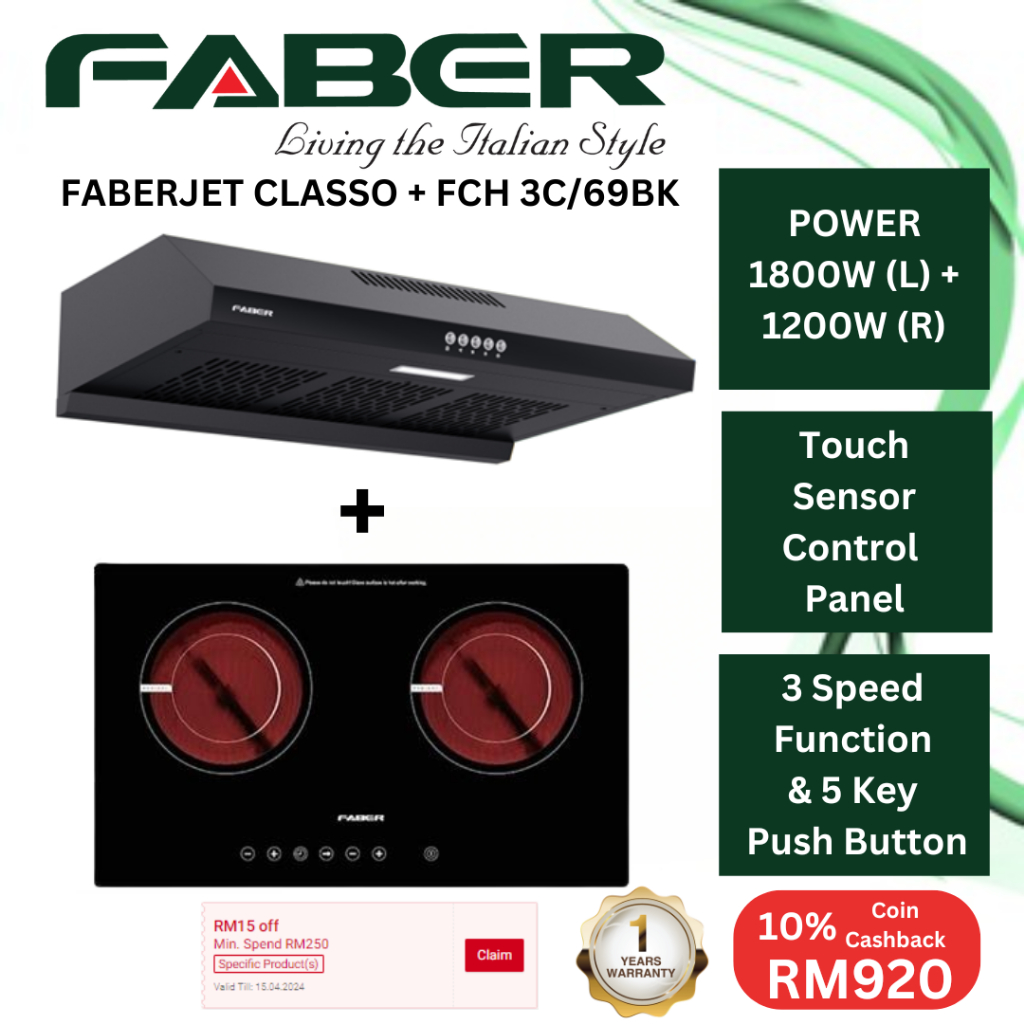 Faber Built In Electric Ceramic Cooker Hob FCH 3C/69BK / Faber Slim Hood FABERJET CLASSO 7688/BK