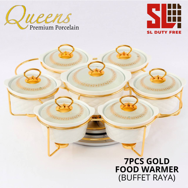 Raya Sale (Ready Stock!!) Queens Porcelain CX 7pcs Food Warmer with Gold Rack Set and Candle Holder-Buffet Raya