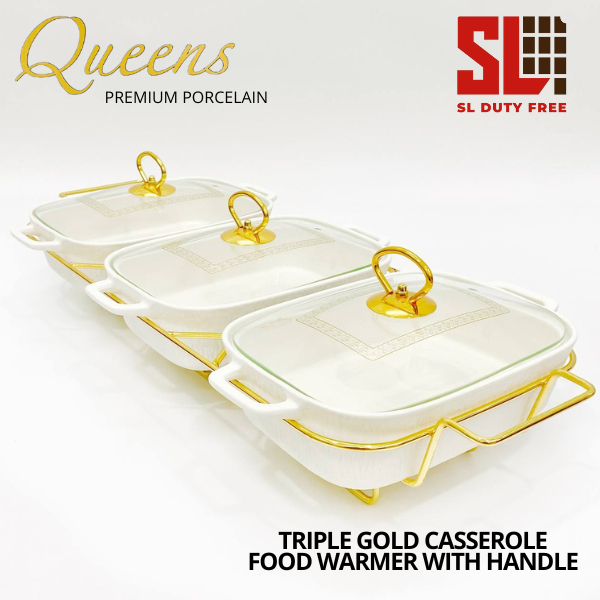 Raya Sale (Ready Stock!!) Queens Rectangle Triple Porcelain 3pcs 11.5" Food Warmer with Metal Rack - Gold