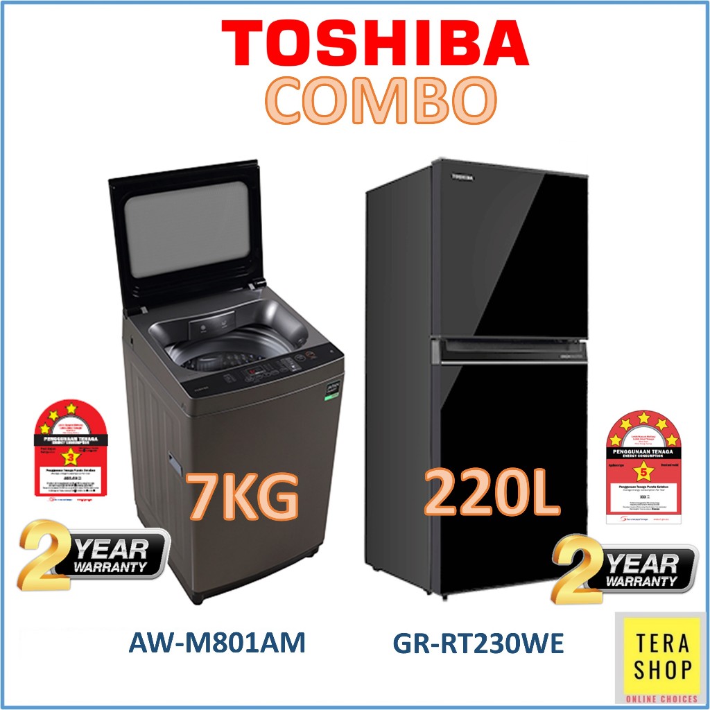 【COMBO】Toshiba Refrigerator RT230 Peti Sejuk + 7KG AW-M801AM(SG) Washing Machine Mesin Basuh