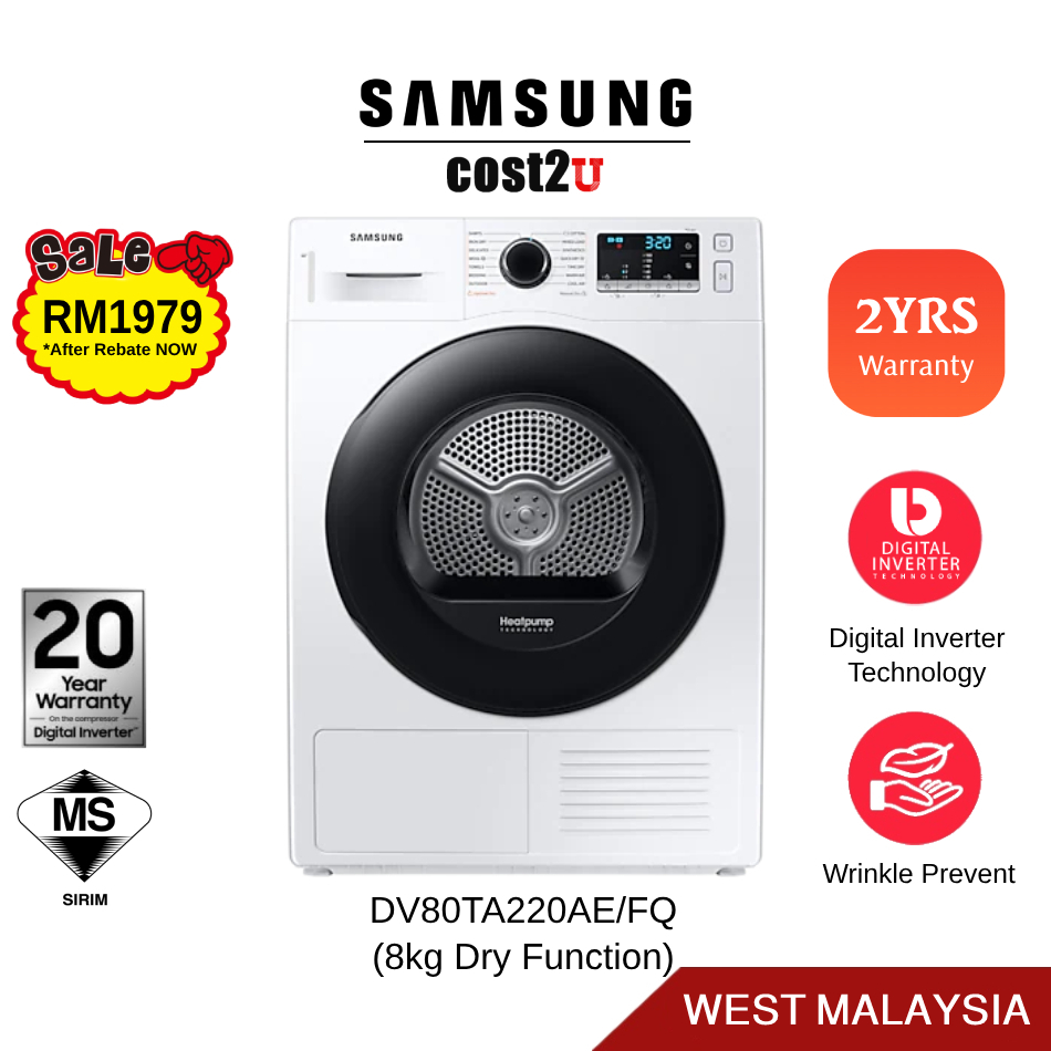 Samsung 8KG/9KG Inverter Heat Pump Dryer DV80TA220AE/FQ DV90T6240LH/FQ (Mesin Pengering Tumble Dryer Clothes Dryer 烘干机)