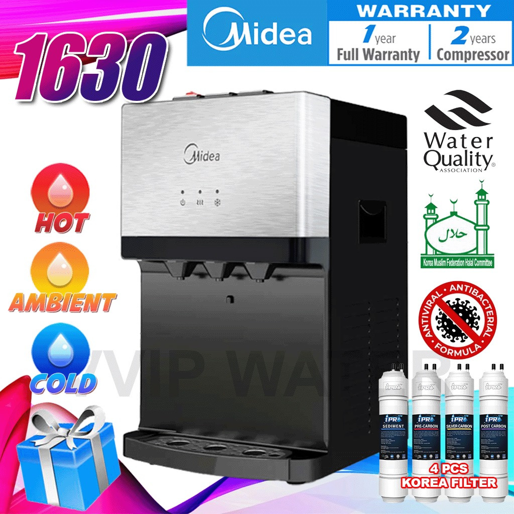 Midea Mild Alkaline 3 Suhu Water Dispenser Hot Normal Cold Model: 1631 or 1630 With 4 Korea Halal Water Filter