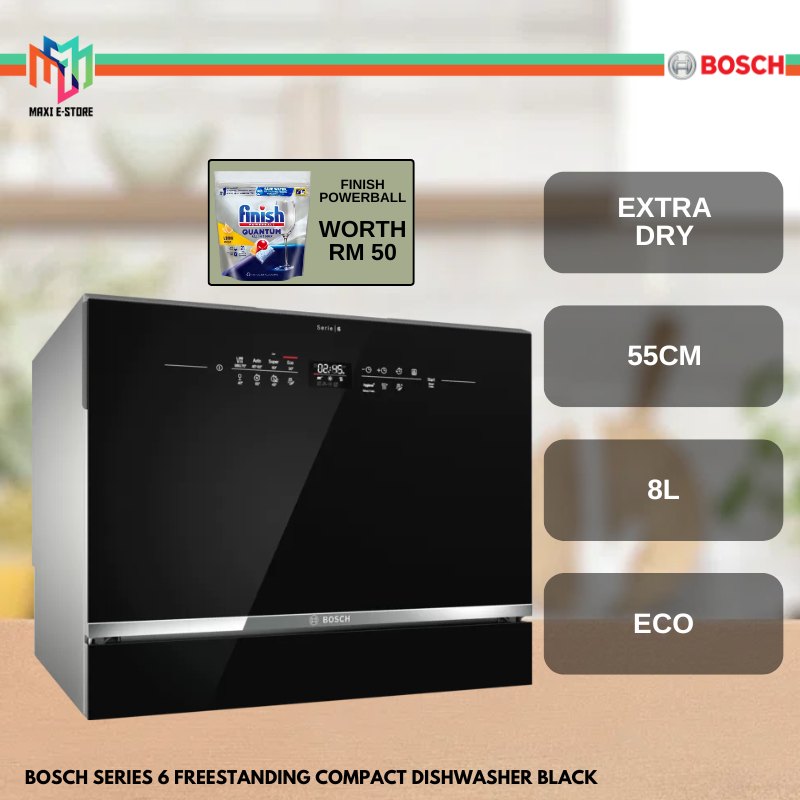 Bosch SKS68BB008 Serie 6 Freestanding Compact Dishwasher 55cm Black ExtraDry EcoSilence BOS024 Pencuci Pinggan