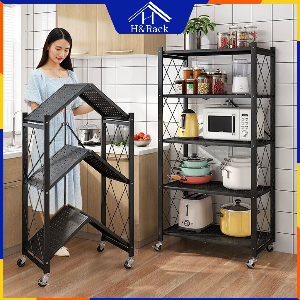 H&Rack Rak Dapur Serbaguna Foldable Storage Rack Rak Besi Bertingkat Kitchen Cabinet Rack Shelf Microwave Rack