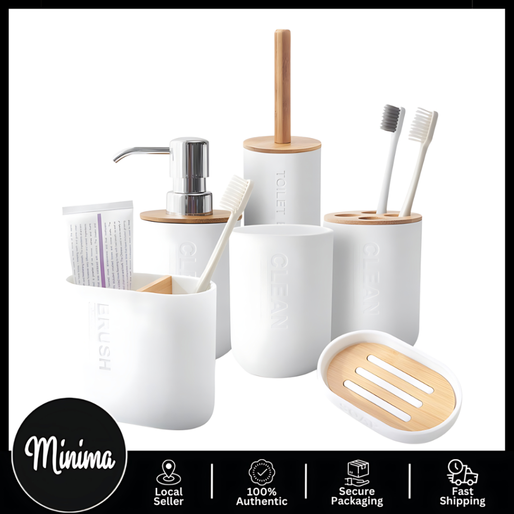MINIMA Bathroom Bamboo Wood Toothbrush Cup Set Lotion Dispenser Toothpaste Holder Toilet Brush