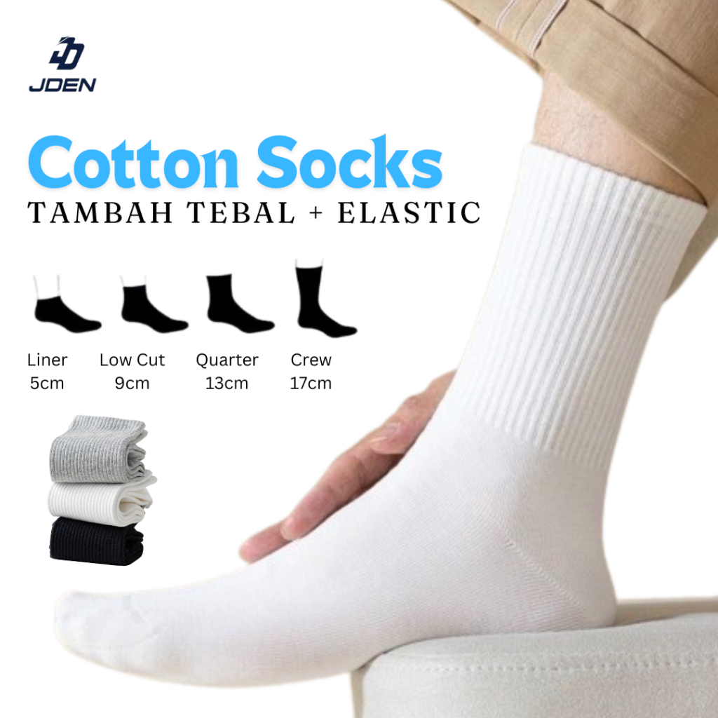 JDEN Thick Premium Cotton Plain Socks Unisex Free Size Sport Running Liner Low Cut Quarter Crew/ Stokin Panjang Kosong