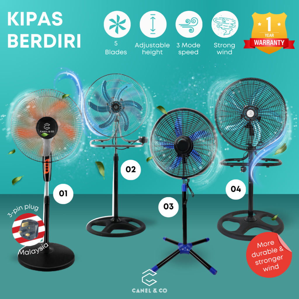 [1 Year Warranty] Ultra Strong Floor Stand Fan 16 & 18 Inch 5 blades 3 Speed Kipas Berdiri Angin Kuat Diri 风扇家用 Fans