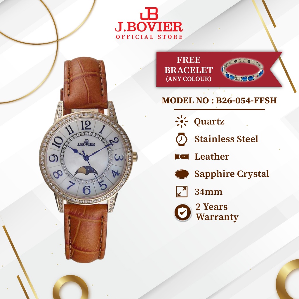 [2 Years Warranty] J.Bovier Moon Phase Quartz Women Watch Jam Tangan Wanita B26-054-FFSH