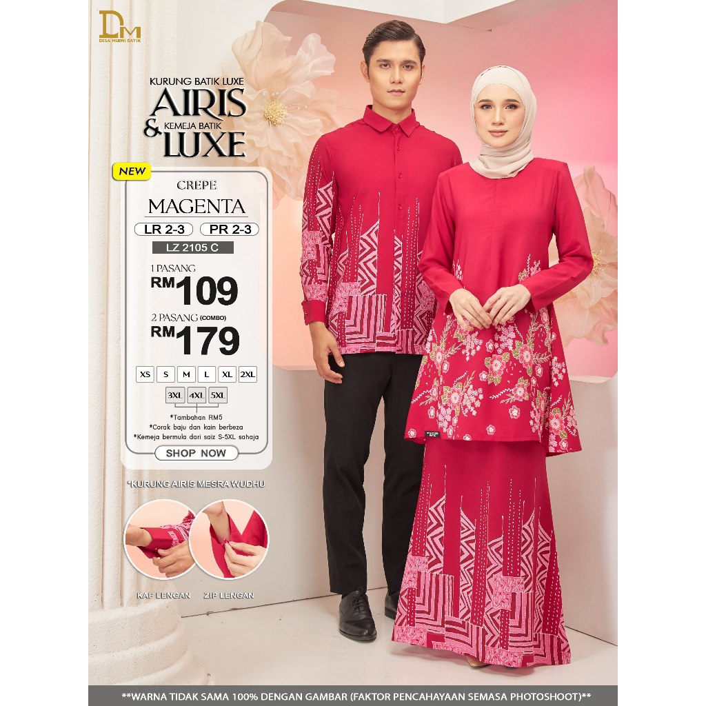 2024 COMBO DEALSR2-3 CREPE (MAGENTA) KURUNG BATIK AIRIS & KEMEJA BATIK LUXE DESA MURNI